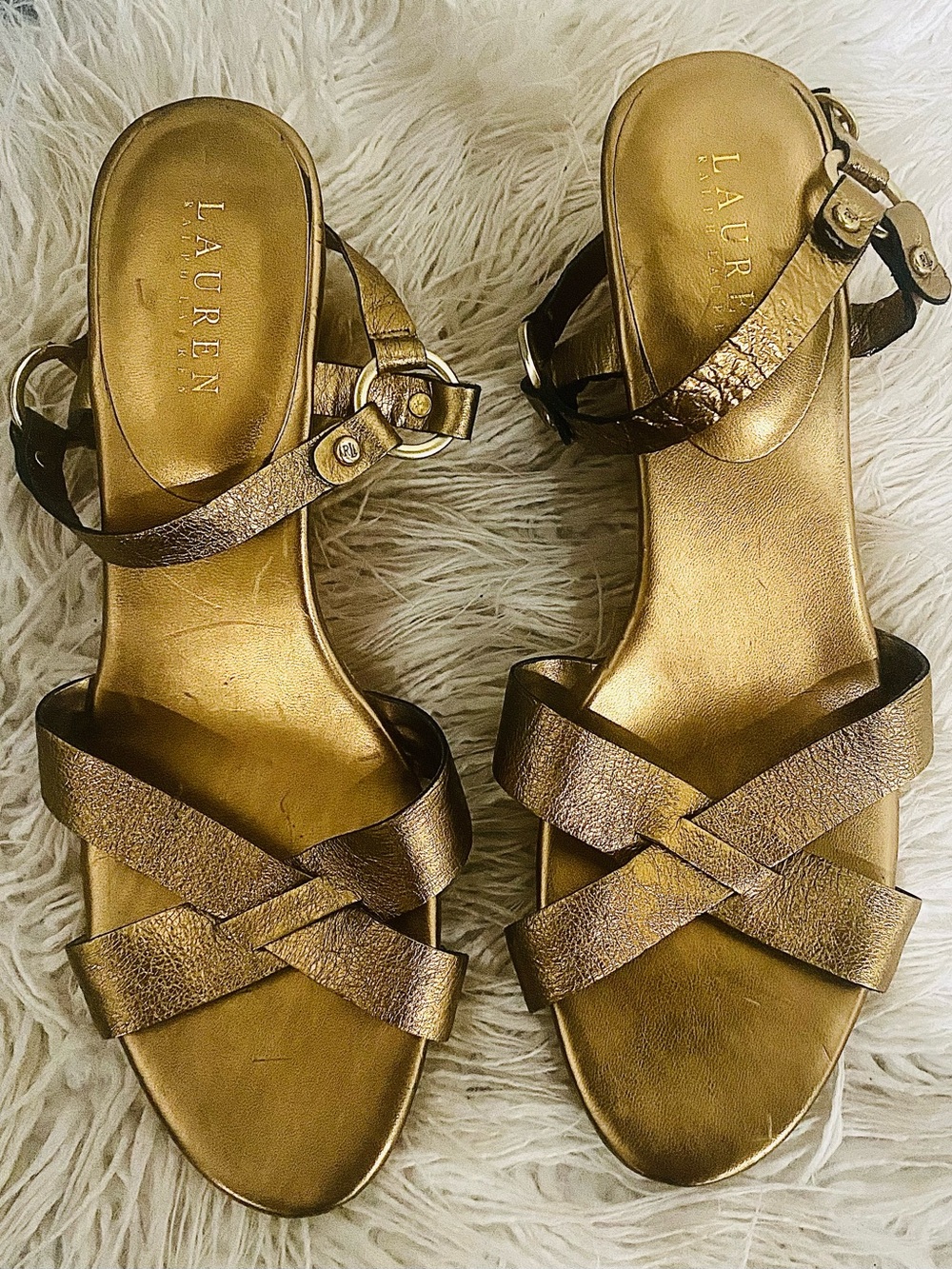 Lauren Ralph Lauren Leather Metallic Bronze Crisscross Ankle-Strap Sandals 10.5